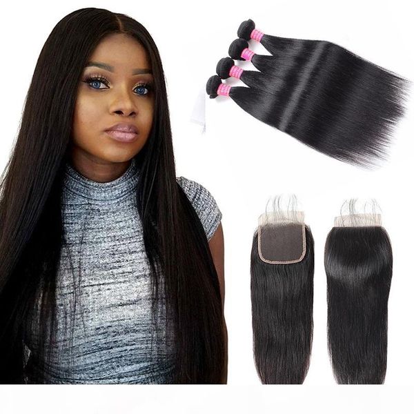 

8a indian virgin hair straight with 4x4 lace closure human hair extensions weave straight bundles weft wholesale 4bundles with closure, Black;brown