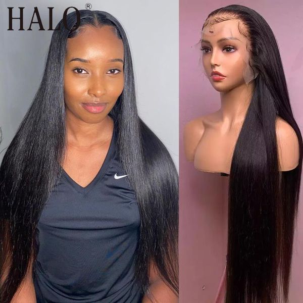 

halo 13x4 lace front human hair wigs pre plucked brazilian straight remy 28 30 inch lace closure frontal wig for black woman, Black;brown