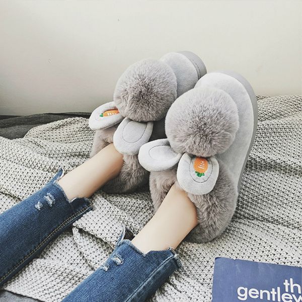 

cute bunny slippers women black winter warm fur cotton home indoor plush fuzzy slippers fur slides ladies house shoes woman