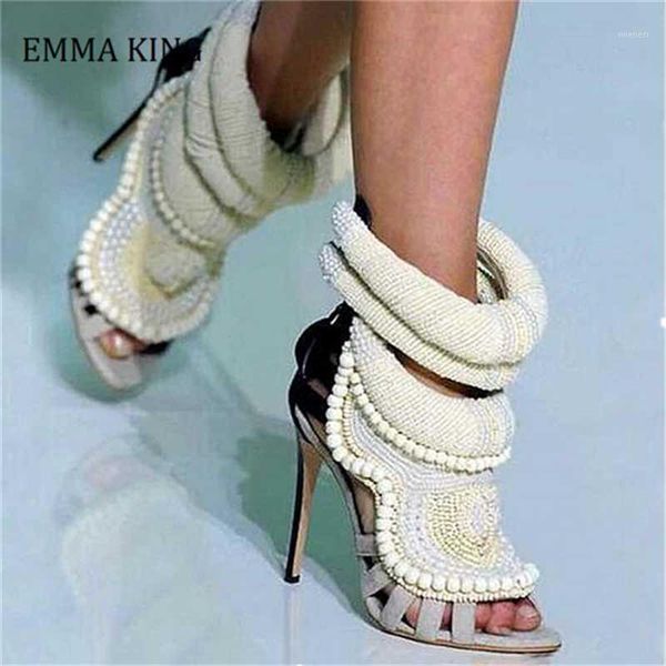 

100% handmade pearl beaded women summer shoes female open toe thin high heel boots sandals 2020 summer wedding dress pumps1, Black