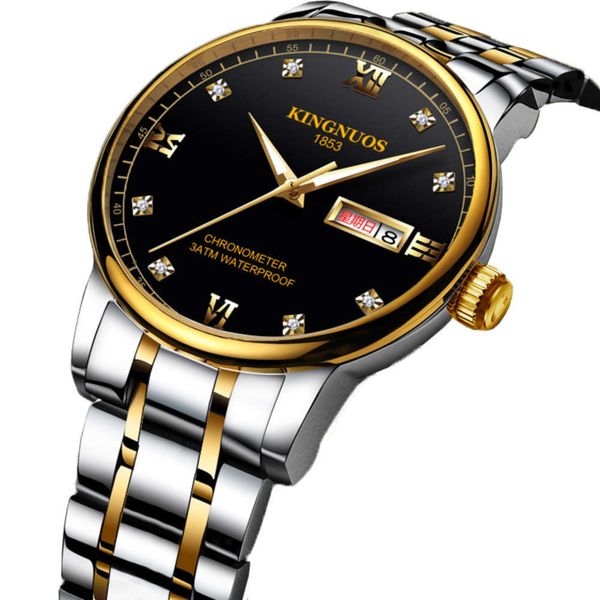 

calendar trendy men's steel band double watch with diamond waterproof luminous roman digital student large dial watch, Slivery;brown