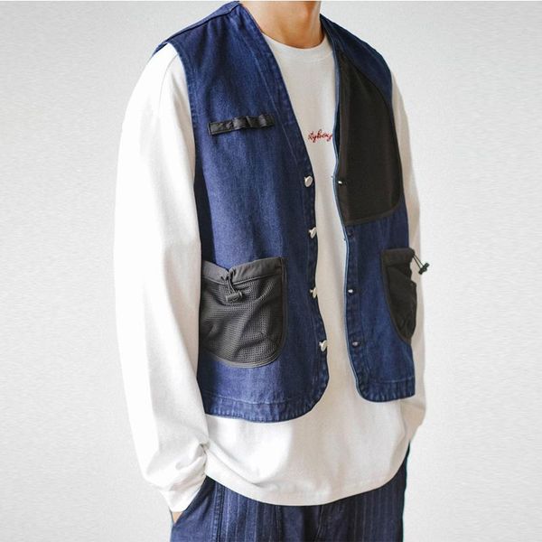 

men's vests mesh spliced denim menhip hop streetwear sleeveless jacket mens casual vest, Black;white