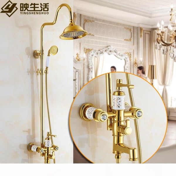 

luxury bath waterfall faucet shower rose gold shower sets golden sprinkle retro suit carved hand shower head bathtub mixer