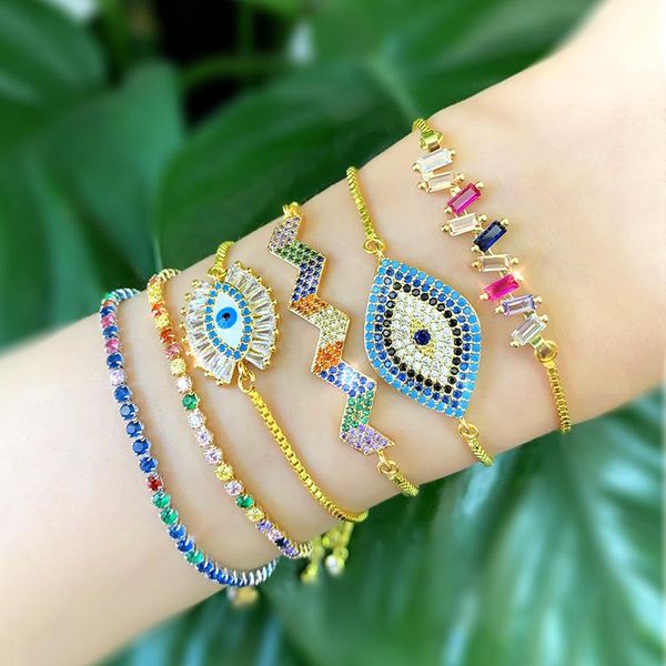 

funmode trendy gold color multicolor rainbow cz adjustable bracelets for women girl eye shape bracelets pulseras wholesale fb24, Golden;silver