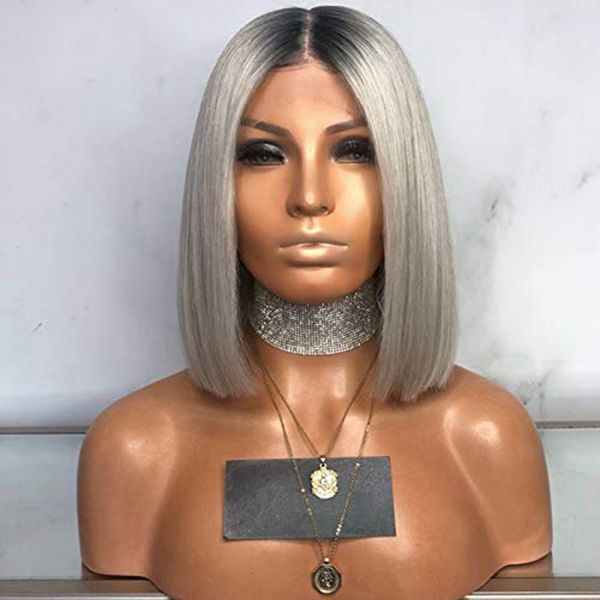 

ombre gray lace wigs with baby hair short bob straight hair synthetic lace front wigs heat resistant fiber for women, Black;brown