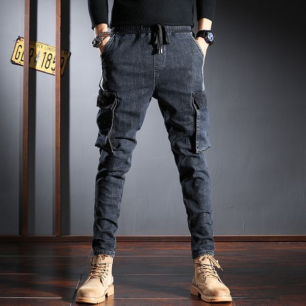 

2021 new japanese designer fashion men jeans vintage retro elastic casual denim cargo pants streetwear big pocket hip hop jogger trousers pi, Blue