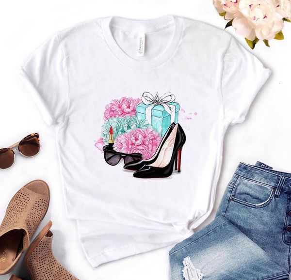 

women t shirt flower shoes print tshirt women short sleeve o neck loose t-shirt ladies causal tee shirt clothes, White