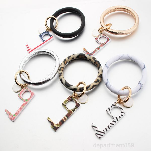 

a-pu leather bracelet no touch opener keychain edc safe door handle acrylic keyring portable elevator tool owf2548