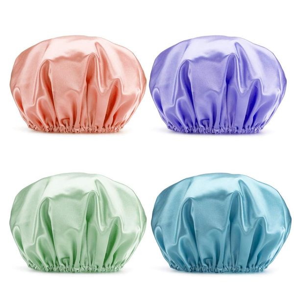 

new thick shower satin hats bath shower caps hair cover double waterproof pure color kitchen shower caps jtsjo