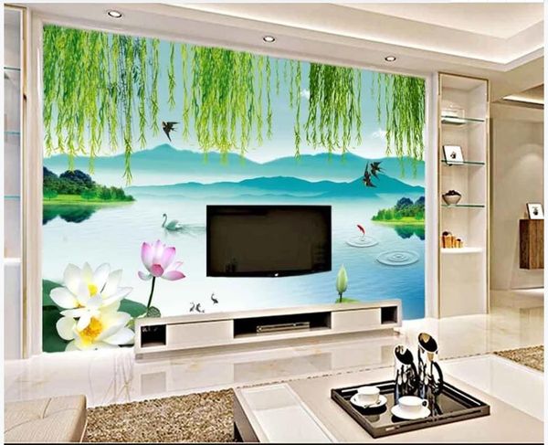 Individuelle Fototapeten für Wände 3D Wandtapete Garten Lotus Bambus Landschaft Chinesische Malerei - Stil Raumwand TV Hintergrund leben