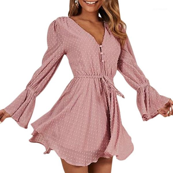 

women's jumpsuits & rompers chiffon womens jumpsuit v neck long sleeves bell cuff button dot summer casual playsuit 2021 combishort fem, Black;white