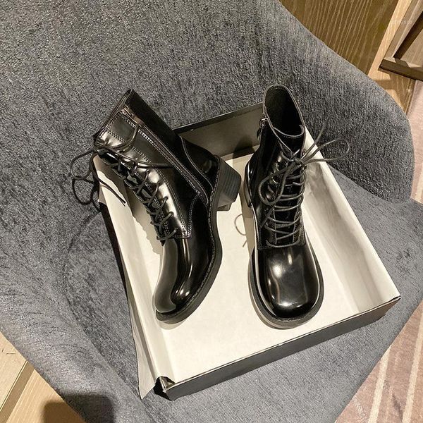 

lace up boots female shoes round toe ladies leather med rock black mid-calf genuine mid calf rubber hoof heels sewing pu lace-up1