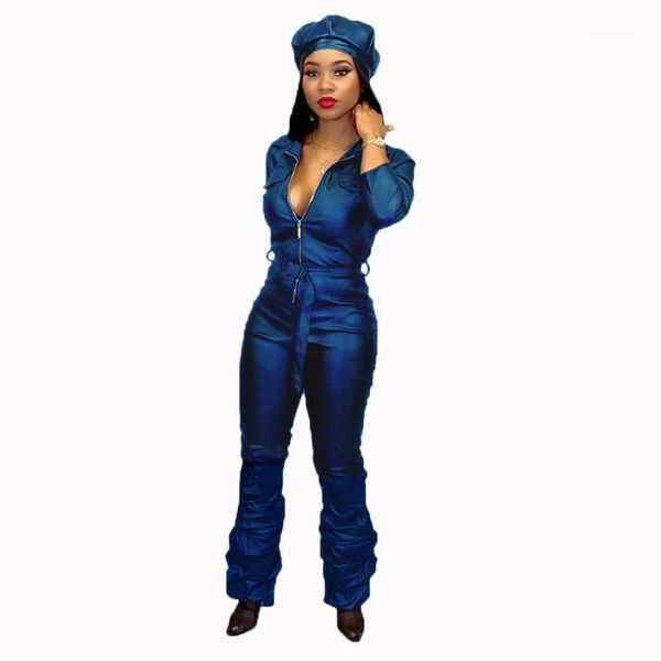 

women's jumpsuits & rompers women pu leather black jumpsuit fashion turn-down collar long sleeve one piece zipper drape flare bodysuit1, Black;white