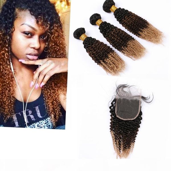 

3 tone ombre bundles with closure russian hair dark root 4" * 4" kinky curly ombre ear to ear closure with bundles, Black;brown