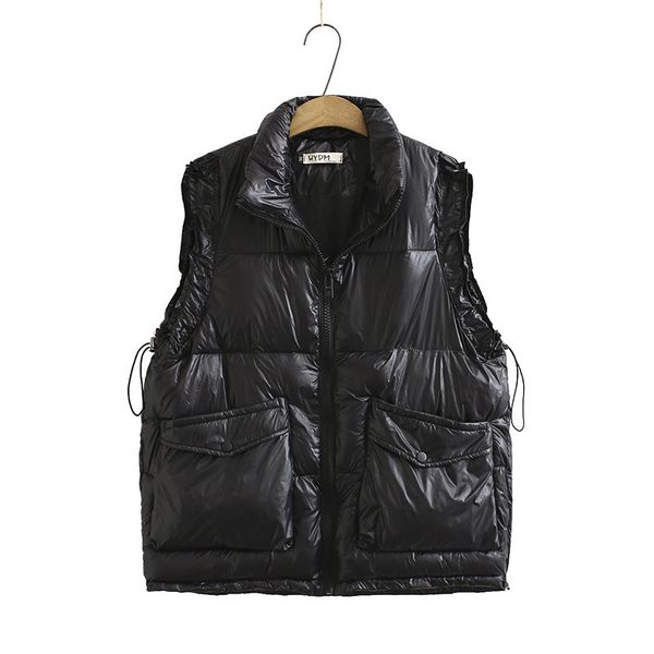 

new plus 2020 size women winter vest pocket jacket with casual hood cotton quilted female waistcoat without sleeves qn42, Black;white