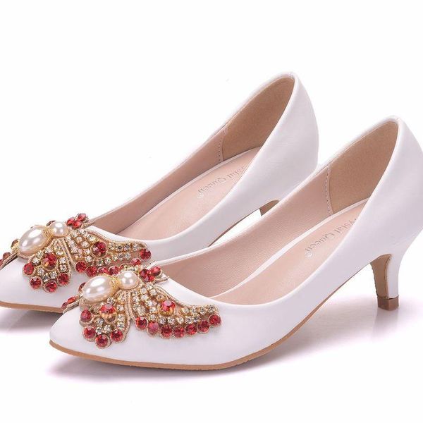 

2021 fashion women pumps shoes dress pu rhinestone butterfly-knot pointed toe thin heels 5cm high heels women's wedding shoes, Black