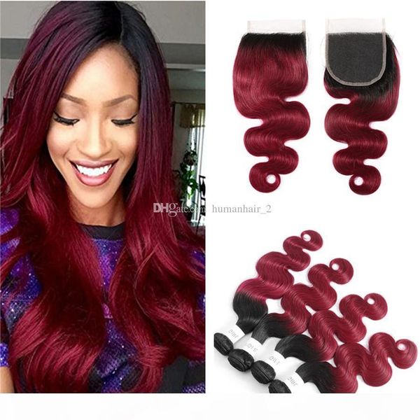 

two tone body wave human hair weaves with lace closure body wave ombre wine red lace closure with bundles peruvian virgin hair, Black;brown