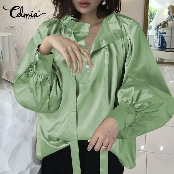 

women fashion lantern sleeve blouses celmia casual loose stand collar shirts autumn elegant silk satin office party solid 1, White