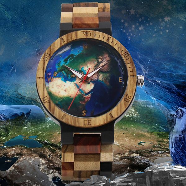 

natural wood watch for men universe planet ocean continent design quartz mens man wristwatch colorful dial vintage wooden band wrist watches, Slivery;brown