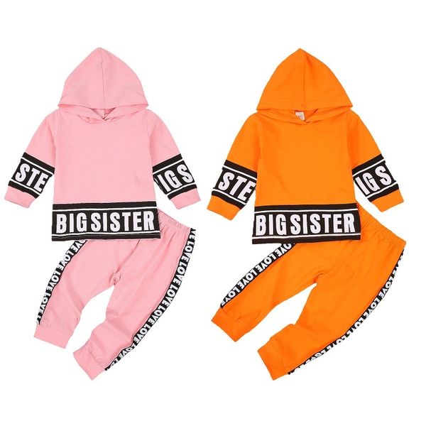 

big sister kids baby girl long sleeve hooded sweatshirt long pant trouser 2pcs active autumn clothing setx1019, White