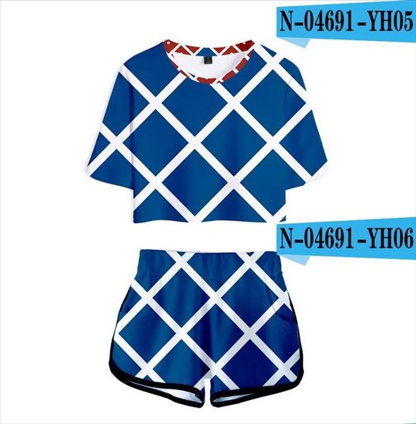 

3d blue and white plaid jojos fantastic adventure character suit exposed navel t shirt shorts womens girls 3d jojo two piece, Gray