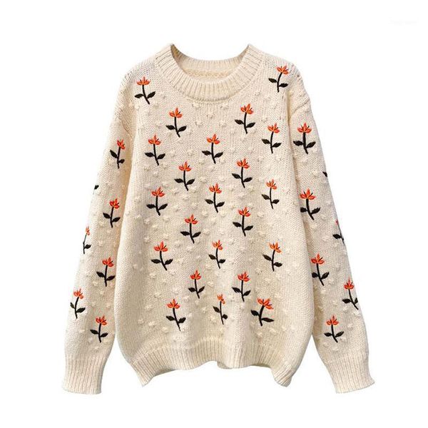 

new cashmere pullover women's sweater coat floral embroidery knitwear oversized pullover sweaters women winter warm jumpers1, White;black