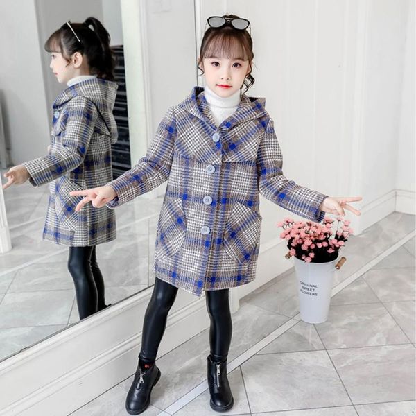 

jackets girls fashion plaid wool coat for hooded kids outerwear autumn thick winter clothes 4 6 8 9 10 12 years, Blue;gray
