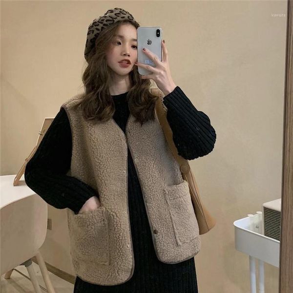 

2 colors women spring autumn lambwool sleeveless vest coats womens loose pockets gilet femme chalecos para mujer(cx8291, Black;white