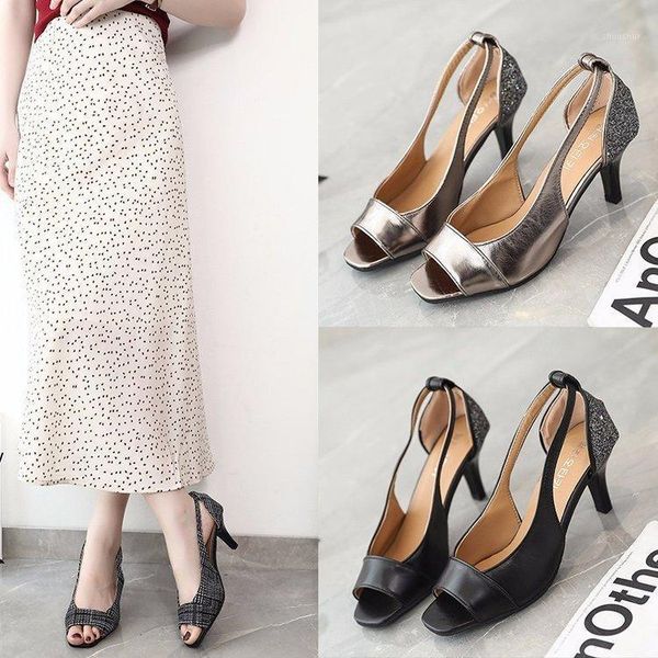 

dress shoes high heeled sandals women's 2021 summer hollowed-out 100 fish mouth sandals1, Black