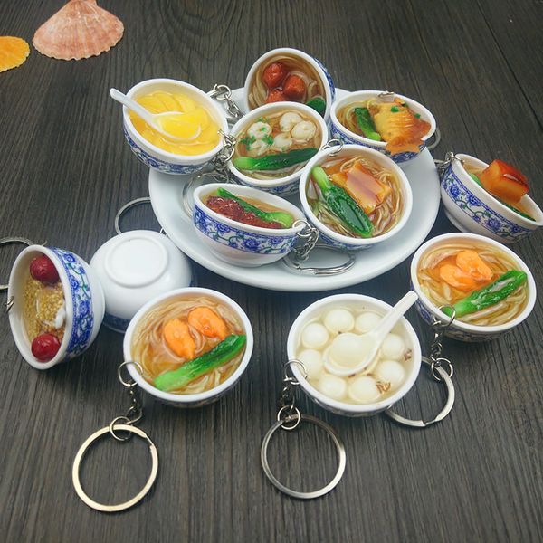 

1pc mini bag pendant simulation key chains noodle creative delicious keychain new chinese blue white porcelain food bowl