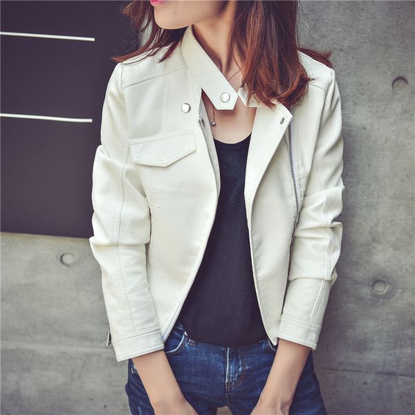 

england style women faux leather jacket turn-down collar women overcoat pockets bomber womens pu jackets and coats, Black