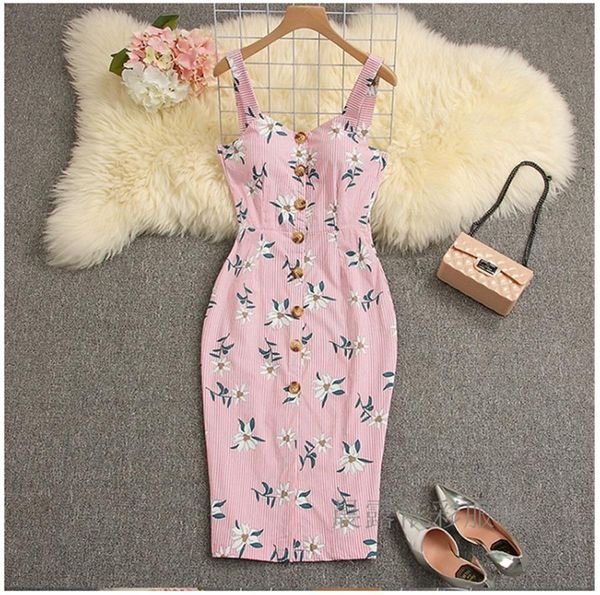 

formal women bodycon floral striped dress sleeveless strap button sundress summer lady sheath women pencil dress, Black;gray