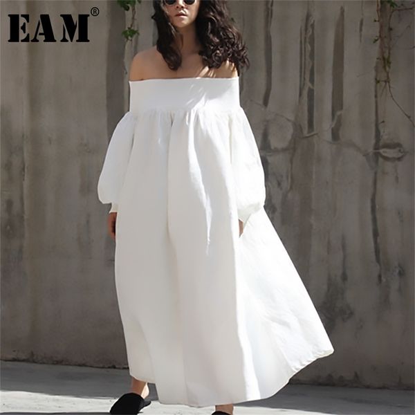 

[eam] 2020 new spring autumn slash neck long sleeve white loose big size long temperament dress women fashion tide js4520 lj200820, Black;gray