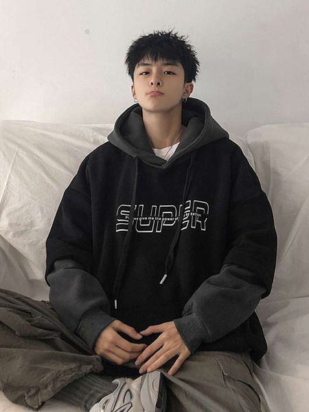 

fake two piece men's plush sweater hooded loose autumn and thickened trend ins winter coat, Black