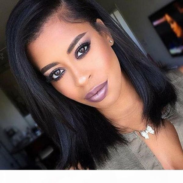 

13x6 peruvian virgin human hair short bob full lace wigs straight silky glueless no shedding lace front wigs with baby hair for women, Black;brown