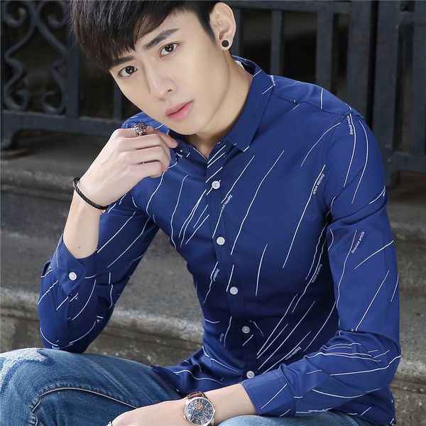 

2021 spring new long sleeve shirt youth trend slim fashion korean printed casual men's top, White;black