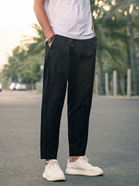 

men solid slant pocket pants a6by#, Black