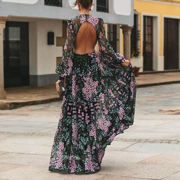 

vintage backless long maxi dress women floral print open back summer beach dress 2021 high waist long sleeve dresses robe femme, Black;gray