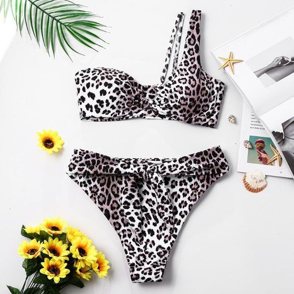 

2020 leopard bikini women swimwear female swimsuit one shoulder two-pieces bikini set brazilian bather bathing suit1, White;black