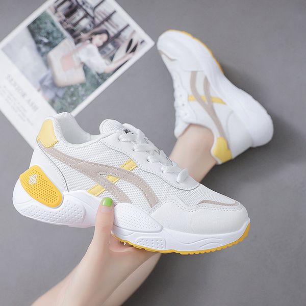 

women yellow stripe vulcanize shoes thick bottom sneakers female student breathable casual run sports shoes new 2020 autumn, Black;brown