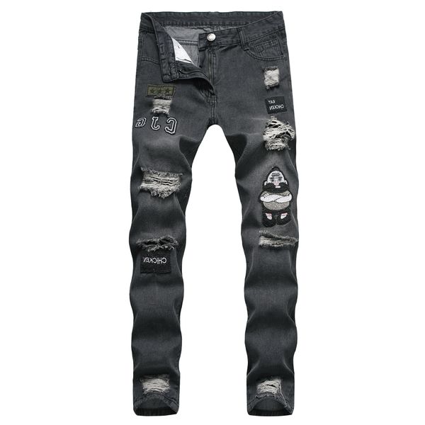 

jean men's vintage personality pleated ny hole ripped patch jeans 2019 spring summer casual pencil pants plus size, Black