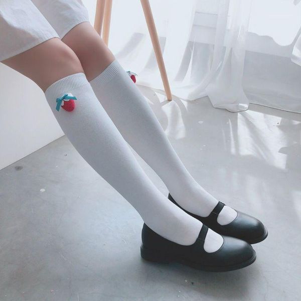 

women students knee high long socks cartoon 3d strawberry bowknot school hosiery1, Black;white