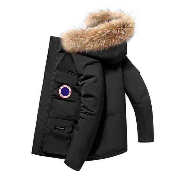 

canadian map table raccoon dog real hair collar men and women lovers goose down jacket thickened parker gooses work coat, Black