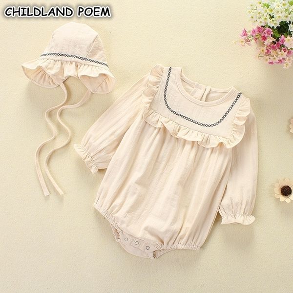 

baby girl romper spring summer newborn baby clothes girl long sleeve 100% cotton princess infant girls jumpsuit with hat 201030, Blue