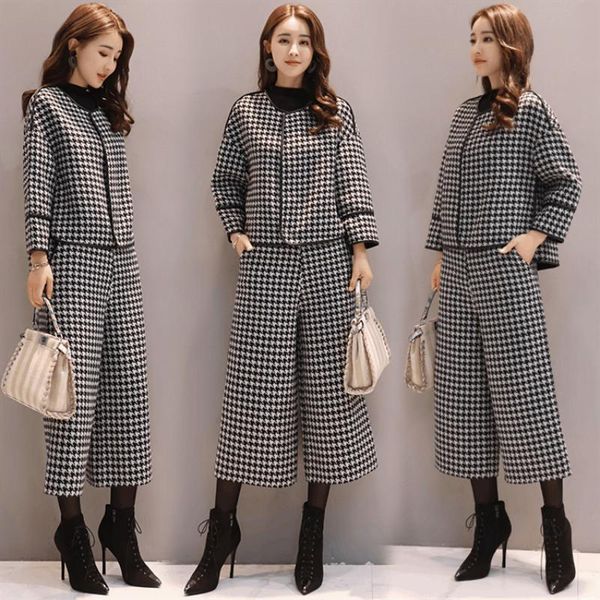 

suit female fashion houndstooth woolen coat short wide leg pants two-piece female casual fashion new autumn, Gray