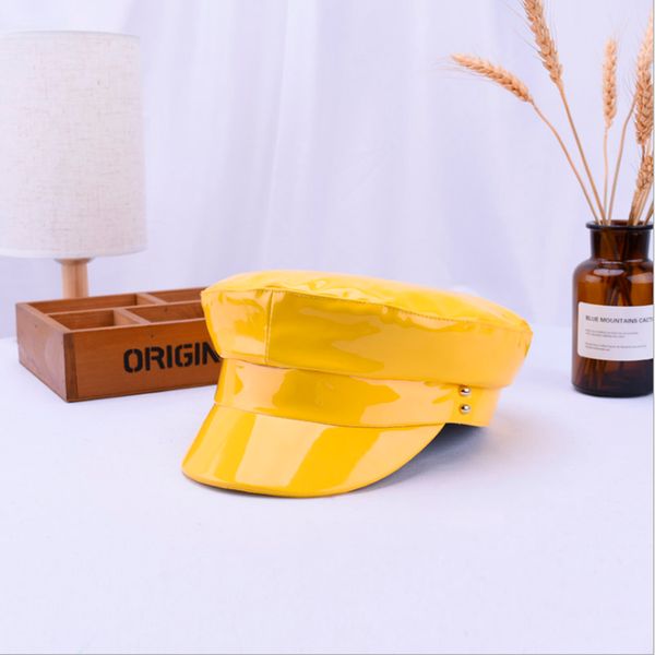 

2020ymsaid new fashion patent leather beret ladies hats solid color flat hat pu slouchy bone cap women, Blue;gray