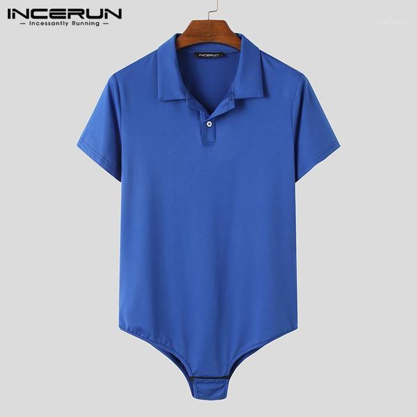 

men's casual shirts 2021 men shirt bodysuit stylish streetwear short sleeve solid lapel rompers fitness camisa masculina incerun1, White;black