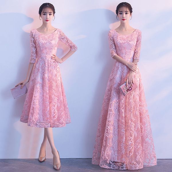 

summer Embroidered Big Swing Zippper Three Quarter Sleeve Floor-length A-line Chiffon Light Blue Pink Cocktail Dresses party, Midlong pink