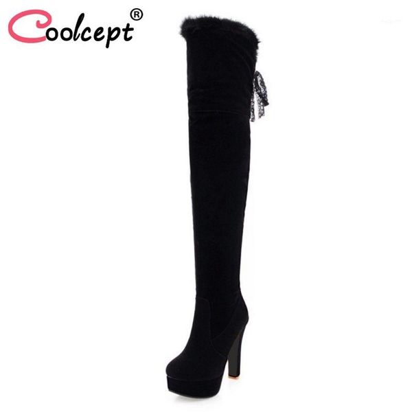 

boots coolcept size 32-43 women high heel zipper fur lace platform ladies long elegant over knee shoes1, Black