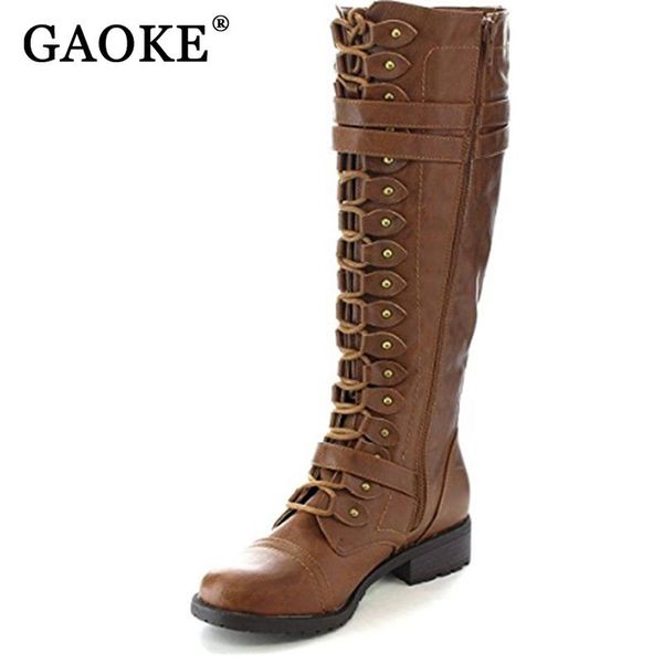 

fashion women lace up riding boots chunky low heel knee high boots buckle side zipper up winter shoes plus size 43, Black